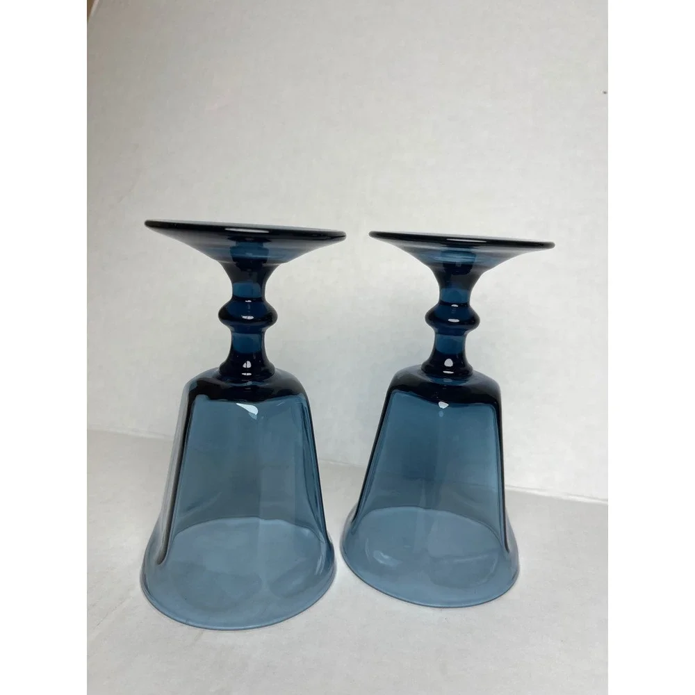 Vintage Lenox Glass Water Goblets Paneled Stemware Set/2 Smoke Blue Made in USA